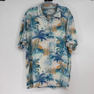 Tommy Bahama Mens Silk Palm Tree Tropical Print Button Down Shirt Blue Size L